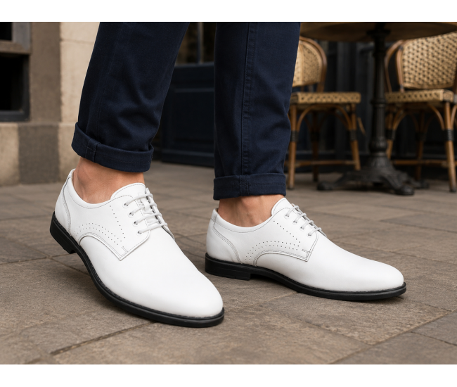 Pantofi Derby bărbați albi din piele naturală, eleganți casual – GKR103AB