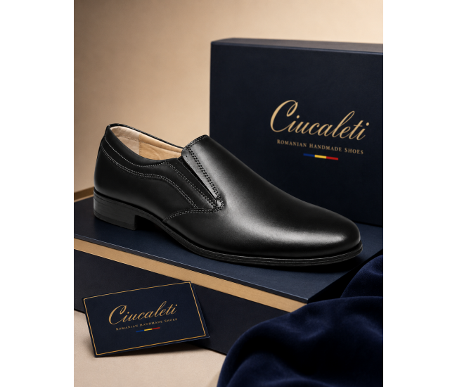 Pantofi barbati negri eleganti din piele naturala fara sireturi - GKR109NN