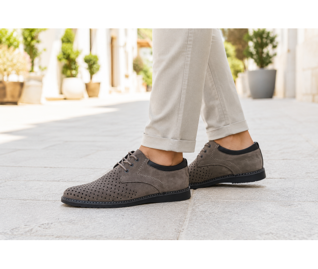 Pantofi barbati perforati din piele naturala - Sport Casual Gri 128GRI