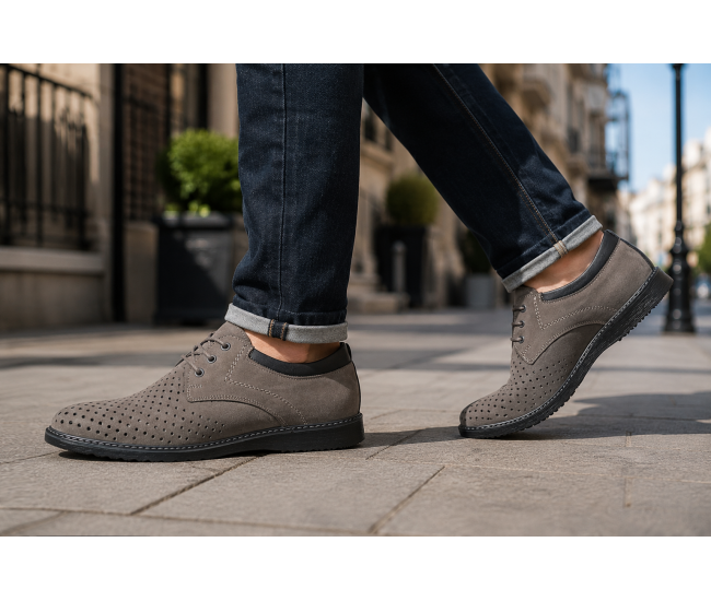 Pantofi barbati perforati din piele naturala - Sport Casual Gri 128GRI