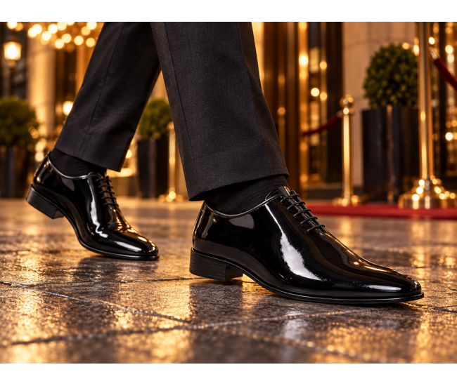 Pantofi bărbați eleganți negri din piele naturală lăcuită GKR201LN