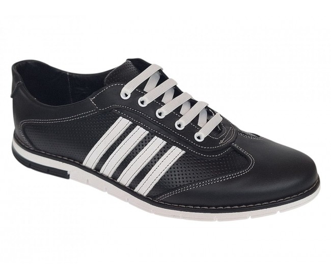 Pantofi barbati din piele naturala negri cu dungi albe GKR212YNA