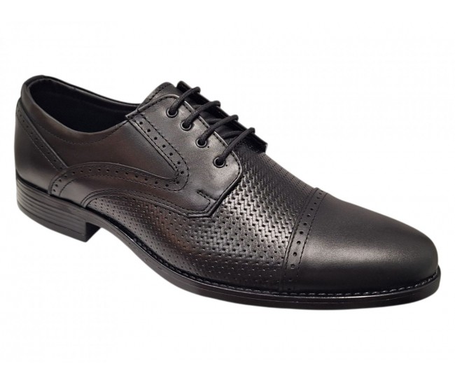Pantofi bărbați negri din piele naturală, cu șiret și inserții texturate – eleganți și rafinați GKR218N