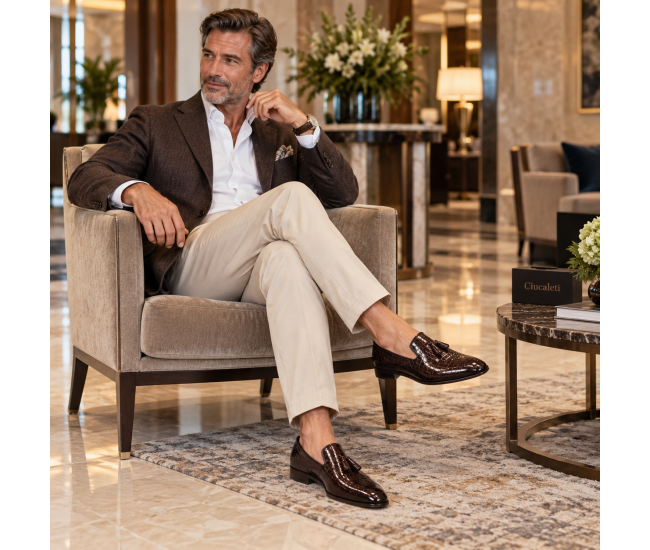 Mocasini barbati eleganti maro inchis din piele naturala matritata lacuita cu ciucuri GKR220MCR