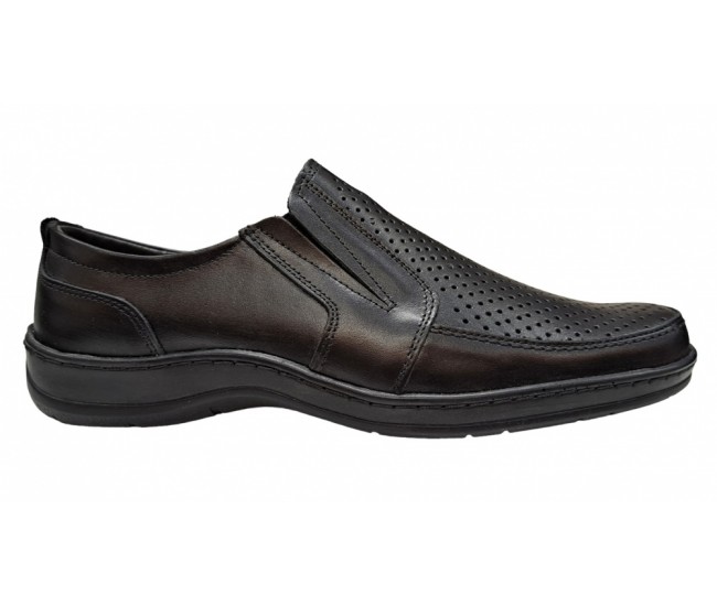 Pantofi barbati casual din piele naturala, perforati, cu elastic, calapod lat - GKR23N