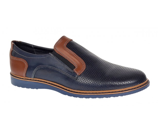 Pantofi barbati casual din piele naturala - Model bleumarin cu maro - GKR332EBL