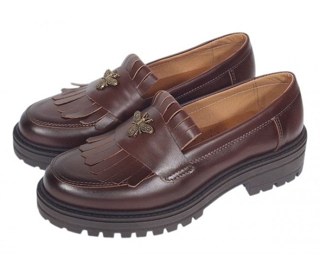 Pantofi dama maro cognac piele naturala cu talpa groasa si accesoriu albina