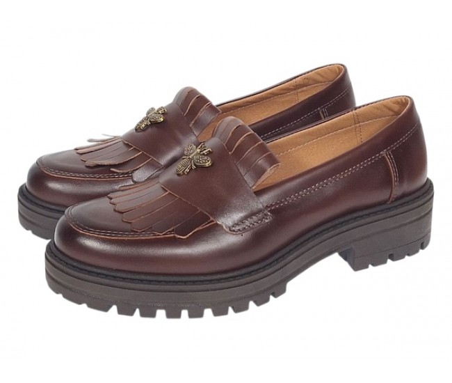 Pantofi dama maro cognac piele naturala cu talpa groasa si accesoriu albina