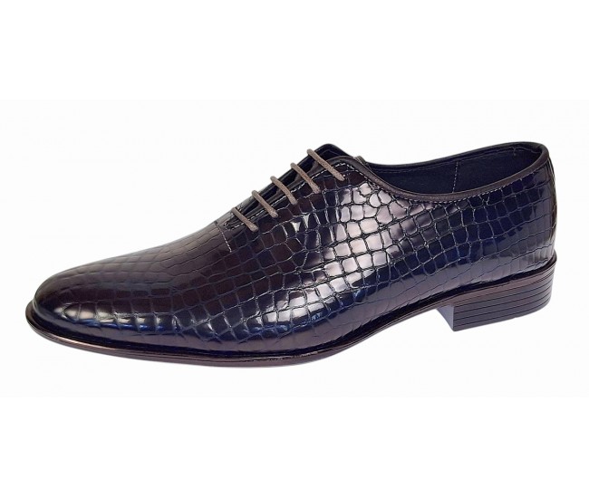 Pantofi eleganti barbati din piele naturala Havana Croco Lac Bleumarin Inchis