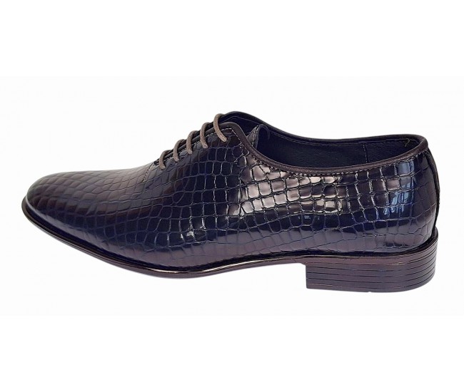 Pantofi eleganti barbati din piele naturala Havana Croco Lac Bleumarin Inchis