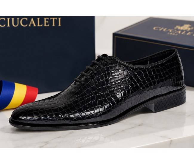 Pantofi eleganti barbati din piele naturala Havana Croco 51 Negru Lac