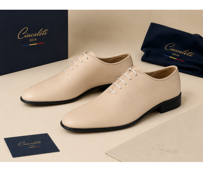 Pantofi barbati eleganti bej din piele naturala dintr-o bucata cu siret Havana GKR51TSB