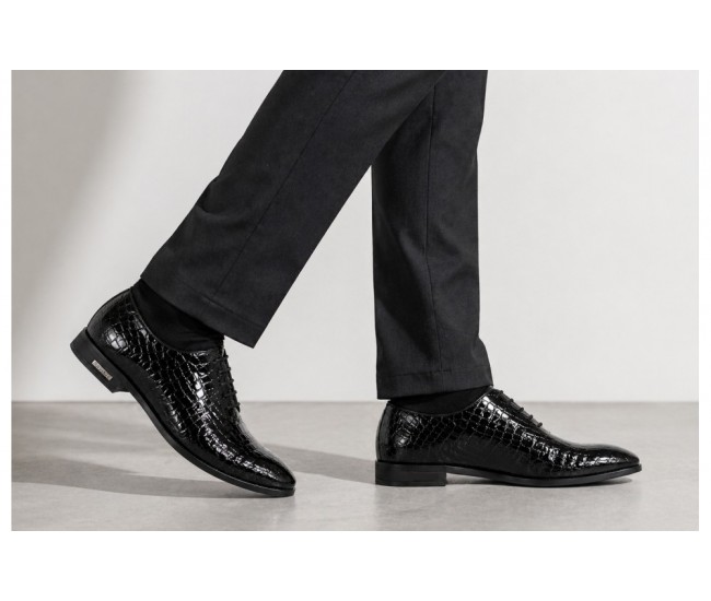 Pantofi barbati eleganti, negri din piele naturala croco lac GKR70N