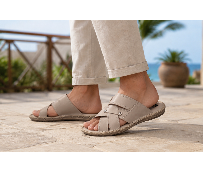 Papuci barbatesti bej din piele naturala – confort de vara cu stil relaxat si aspect premium GKR74BEJ