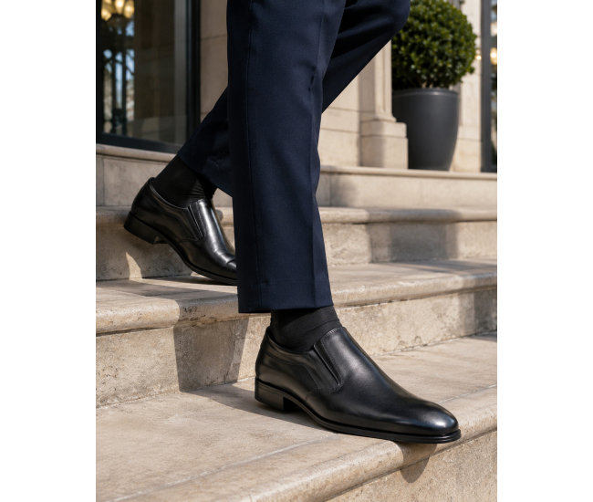 Pantofi barbati eleganti negri din piele naturala fara siret GKR818EN
