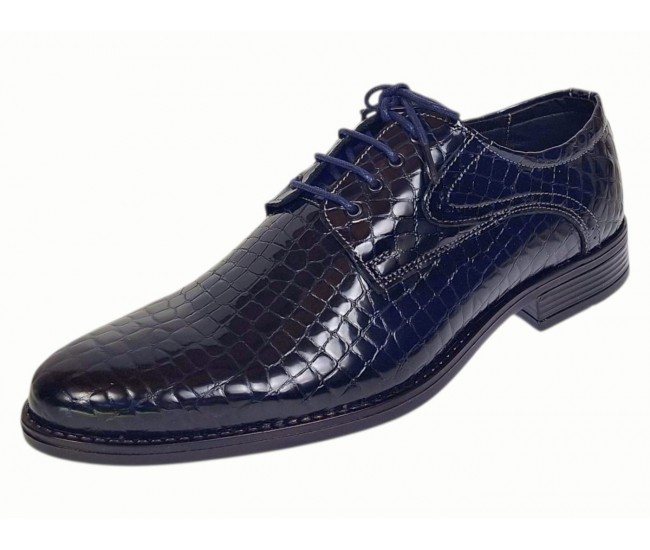 Pantofi barbati eleganti din piele naturala croco lac 819 Bleumarin Inchis