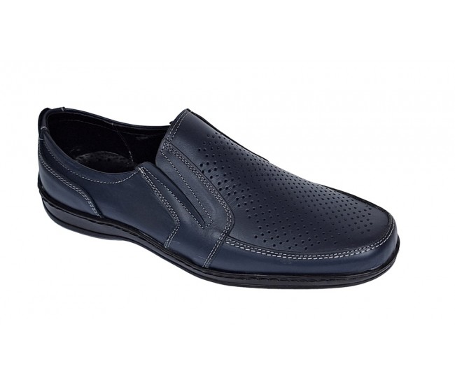 Pantofi barbati casual din piele naturala, perforati, cu elastic, calapod lat, Bleumarin - GKR91BL
