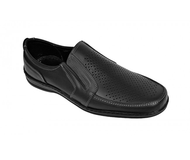 Pantofi barbati casual din piele naturala, perforati, cu elastic, calapod lat, Negru - GKR91N