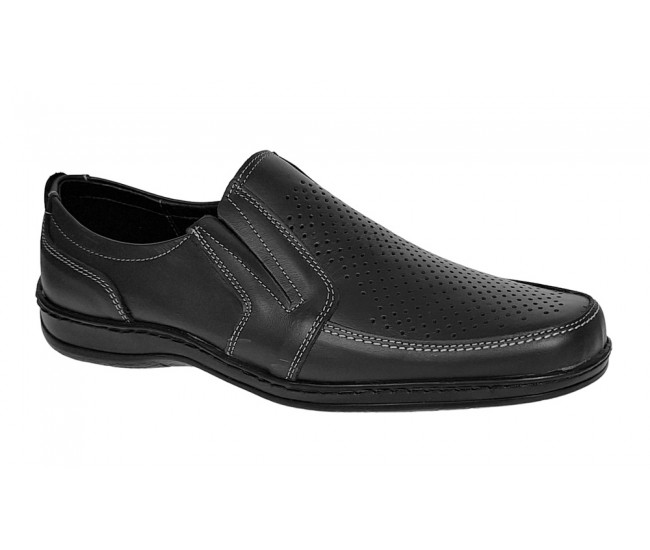 Pantofi barbati casual din piele naturala, perforati, cu elastic, calapod lat, Negru - GKR91N