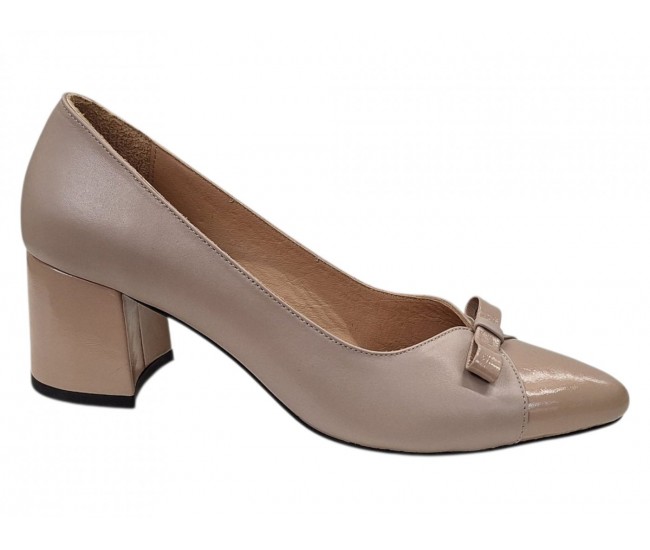 Pantofi damă bej din piele naturală, cu toc gros, vârf lăcuit si fundiță – eleganți KN1BEJ
