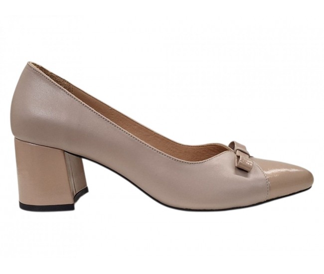 Pantofi damă bej din piele naturală, cu toc gros, vârf lăcuit si fundiță – eleganți KN1BEJ
