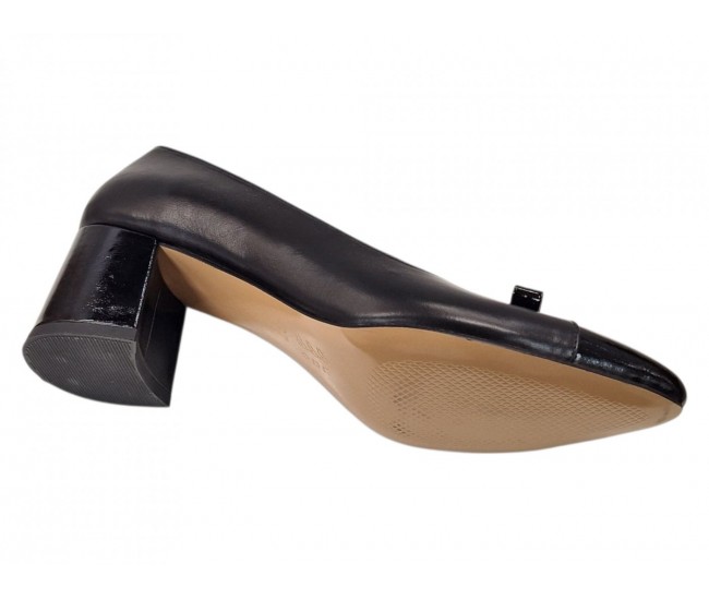 Pantofi eleganți damă negri din piele naturală, cu vârf lăcuit, fundă și toc gros KN1N