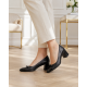 Pantofi eleganți damă negri din piele naturală, cu vârf lăcuit, fundă și toc gros KN1N
