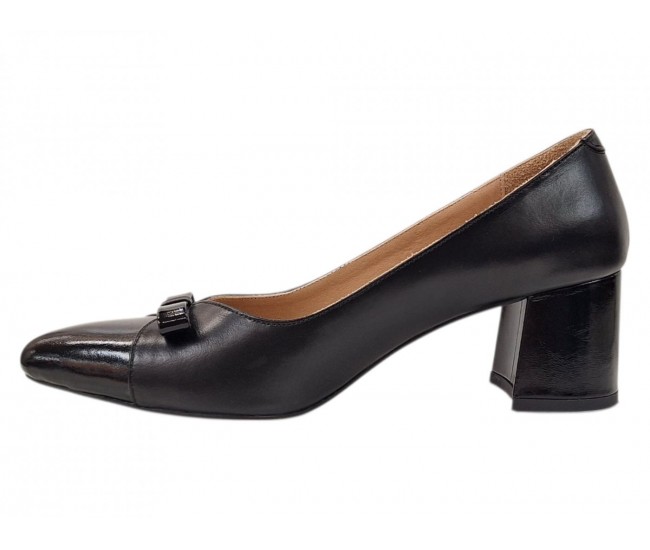 Pantofi eleganți damă negri din piele naturală, cu vârf lăcuit, fundă și toc gros KN1N