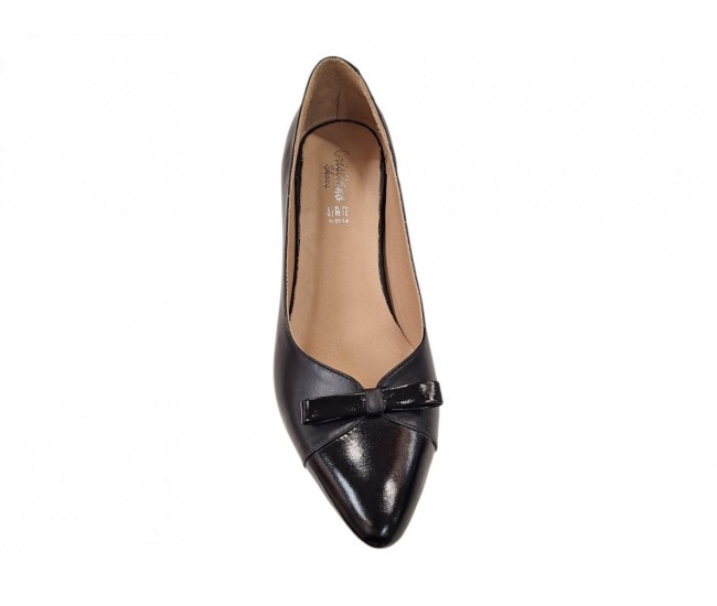 Pantofi eleganți damă negri din piele naturală, cu vârf lăcuit, fundă și toc gros KN1N