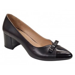 Pantofi eleganți damă negri din piele naturală, cu vârf lăcuit, fundă și toc gros KN1N