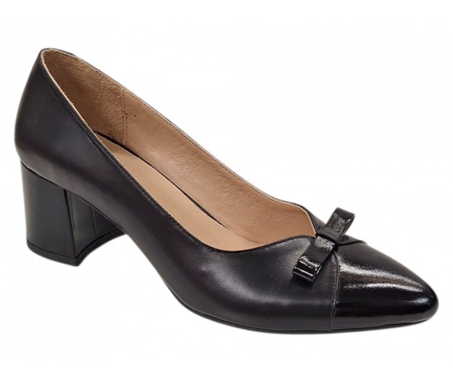 Pantofi eleganți damă negri din piele naturală, cu vârf lăcuit, fundă și toc gros KN1N