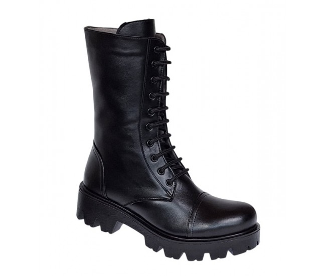 Oferta Ghete dama din piele naturala imblanite cu siret si fermoar Negru Daiki L289N