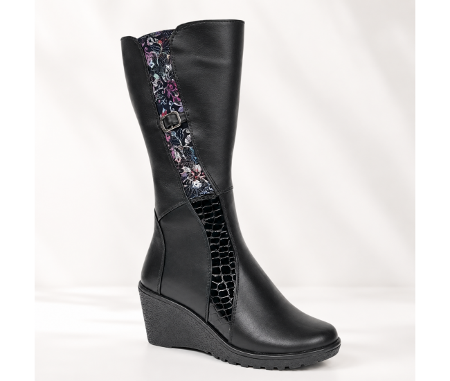 Marimea 36 Cizme dama negre din piele naturala imblanite cu talpa orto LMVS31ORT
