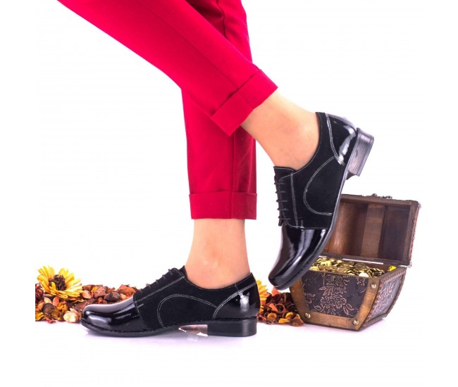 Oferta marimea 39  - Pantofi dama, model casual, din piele naturala  intoarsa si piele lacuita -  LNA150NSL