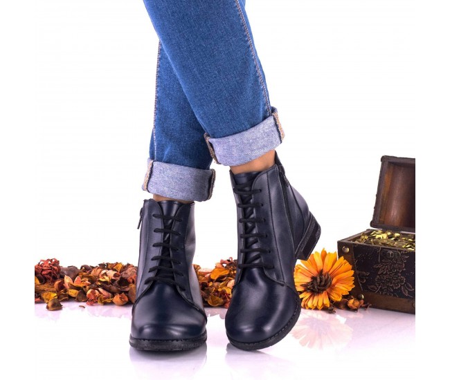 Ghete dama casual din piele naturala bleumarin cu siret si fermoar - Marimea 40