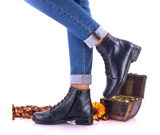 Ghete dama casual din piele naturala bleumarin cu siret si fermoar - Marimea 40