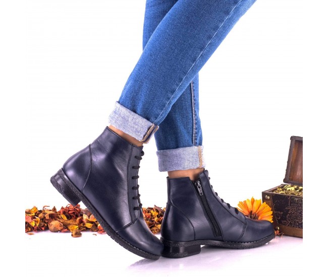 Ghete dama casual din piele naturala bleumarin cu siret si fermoar - Marimea 40