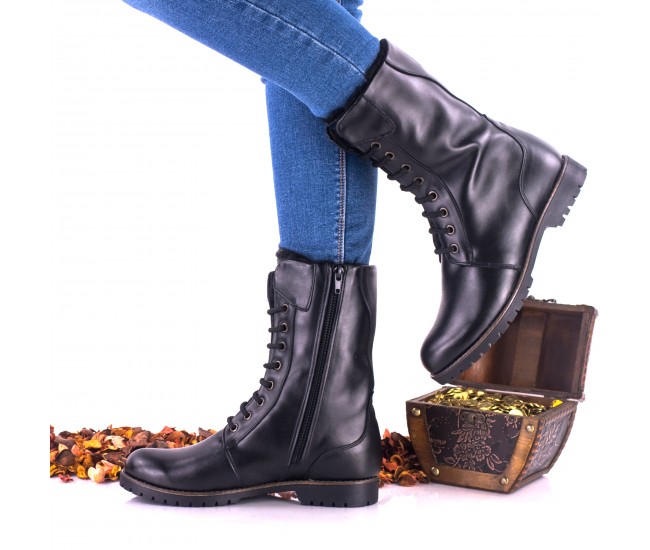 Oferta Ghete dama marimea 39, negre, din piele naturala, cu siret si fermoar lateral, IMBLANITE - LNA244NP