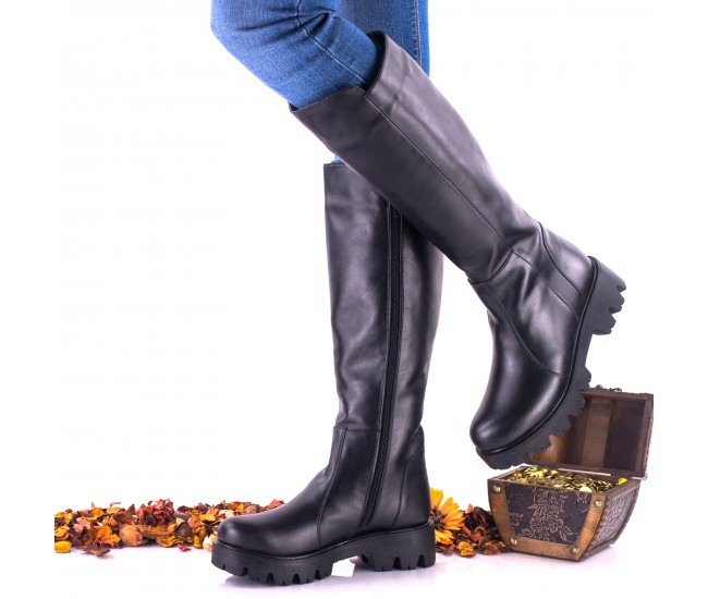Oferta marimea 38, 39 - Cizme dama inalte din piele naturala, negre -  LNA290NP