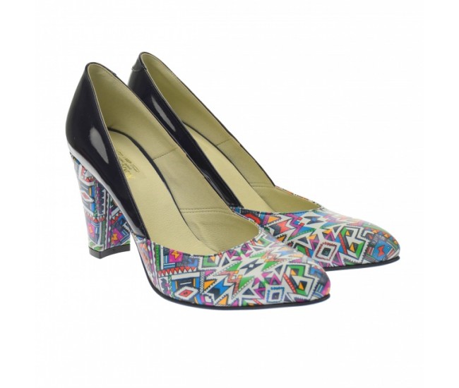 Marimea 40 - Pantofi dama, eleganti din piele naturala , negru cu imprimeu, toc 7cm - LNAA8NCOLOR