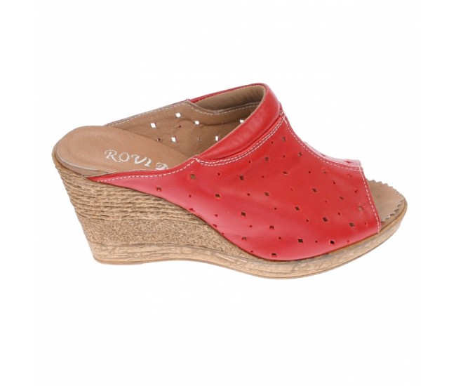 Oferta marimea 36! Saboti dama de vara, papuci din piele naturala cu perforatii, culoare rosu - LPAPUCTEAR