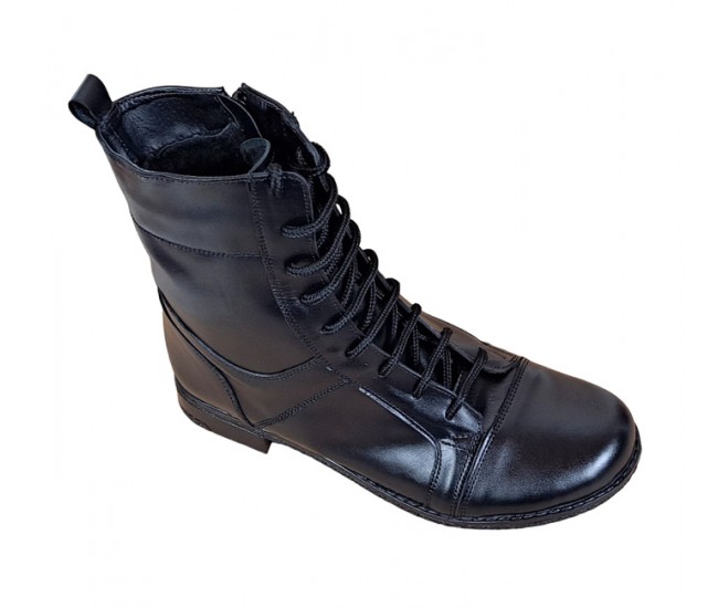 Oferta marimea  37 - Ghete dama casual, din piele naturala, cu siret si fermoar, imblanite, inalte, Negru - LROV217N