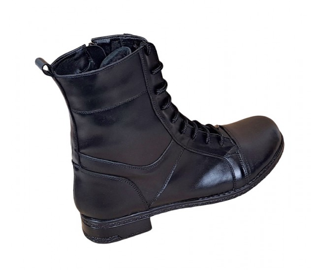 Oferta marimea  37 - Ghete dama casual, din piele naturala, cu siret si fermoar, imblanite, inalte, Negru - LROV217N