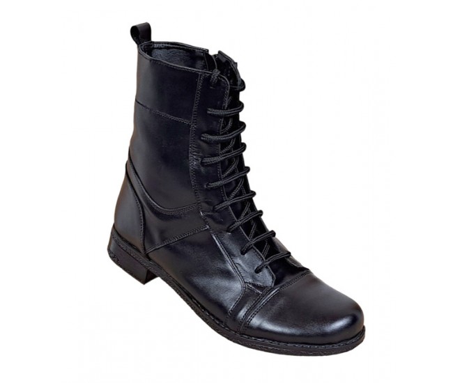 Oferta marimea  37 - Ghete dama casual, din piele naturala, cu siret si fermoar, imblanite, inalte, Negru - LROV217N