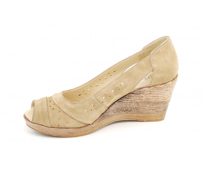 Oferta marimea 36 -  Pantofi dama, de primavara-vara, decupati in fata, cu platforme de 7cm, lucrati din piele naturala intoarsa -  LS1047BEJ