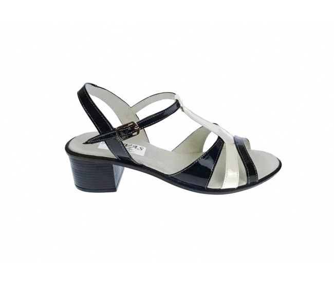 Sandale dama din piele naturala lacuita, Negru, Alb, LS81AN