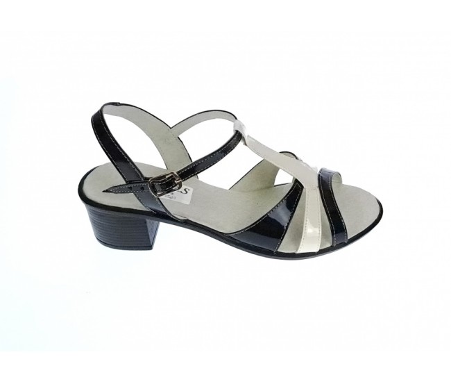 Sandale dama din piele naturala lacuita, Negru, Alb, LS81AN