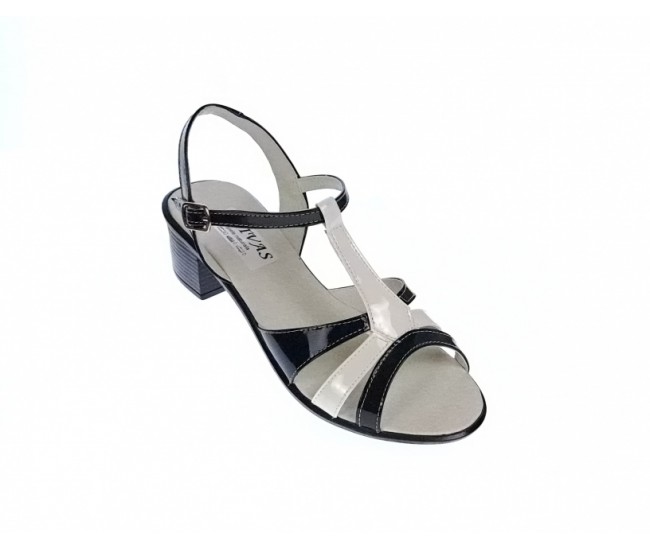 Sandale dama din piele naturala lacuita, Negru, Alb, LS81AN