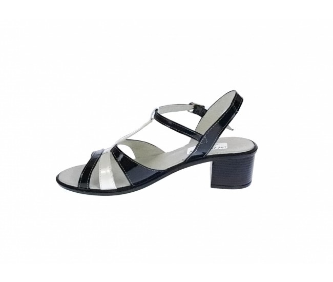 Sandale dama din piele naturala lacuita, Negru, Alb, LS81AN