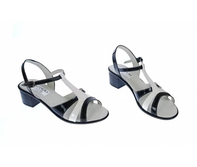 Sandale dama din piele naturala lacuita, Negru, Alb, LS81AN